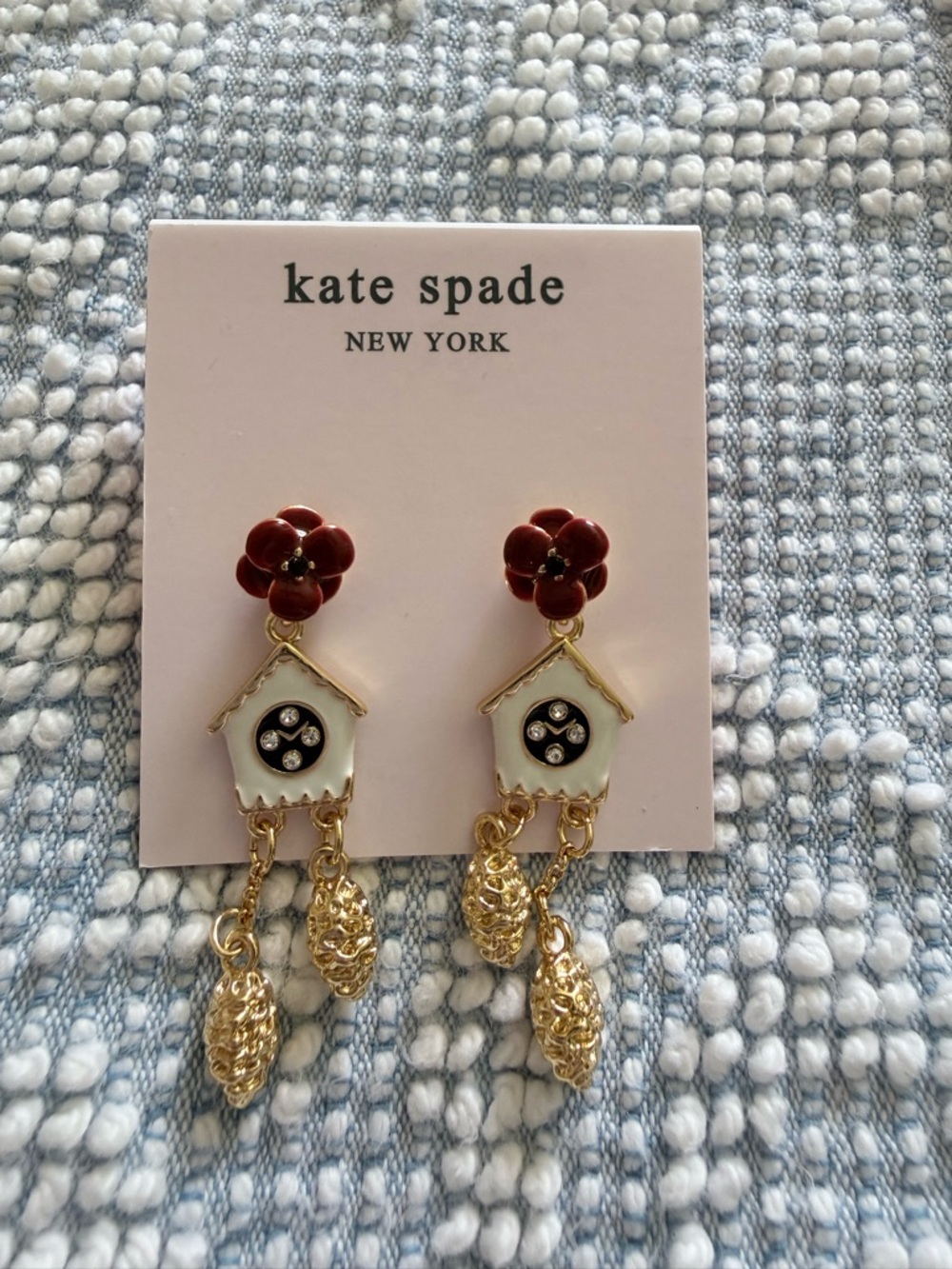 kate spade red floral & white birdhouse dangle earrings with gold accents